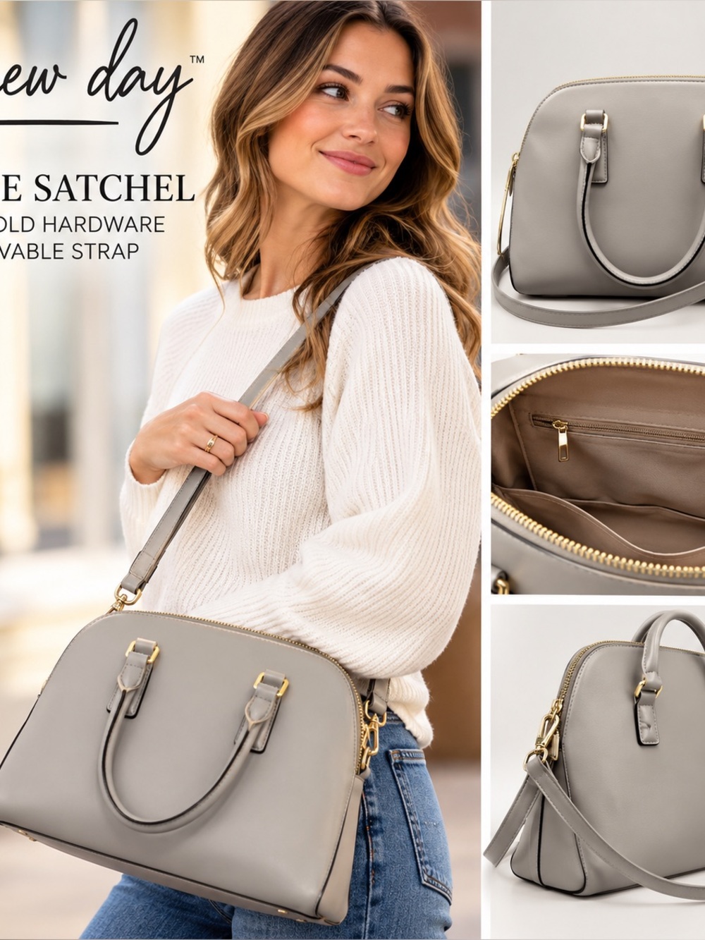 A New Day Gray Dome Satchel Handbag Gold Hardware Removable Shoulder Strap